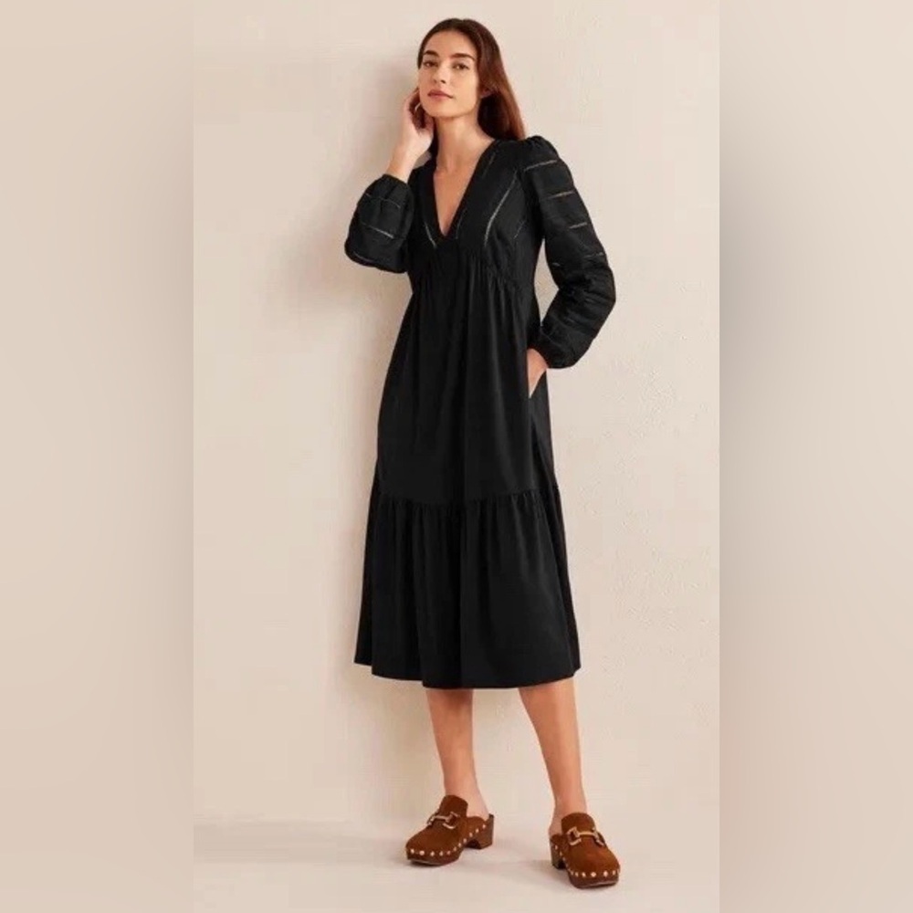 Boden Black Boho Tiered Midi Dress Eyelet Prairie Cottagecore Pockets Size 12R